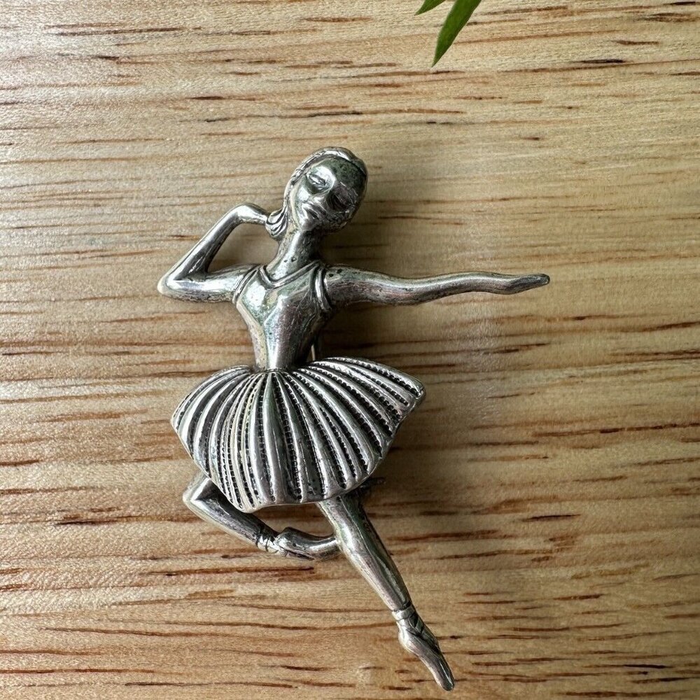 VTG Brooch Pin 1.5 Inch Ballerina Dancer Art Deco MCM 925 Sterling Silver 3.2g